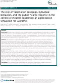 Cover page: The role of vaccination coverage, individual behaviors, and the public health response in the control of measles epidemics: an agent-based simulation for California.