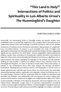 Cover page: "This Land Is Holy!" Intersections of Politics and Spirituality in Luis Alberto Urrea’s <em>The Hummingbird’s Daughter</em>